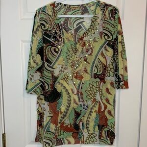 Green Yellow Brown Nlack White Graphic Sheer Tunic with 3/4 Sleeves Brocade Trim